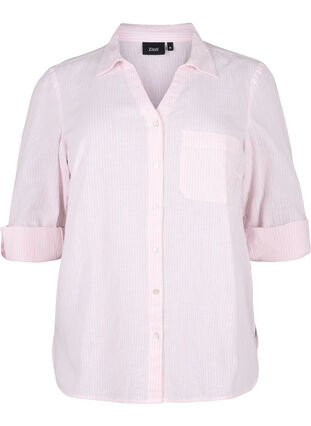 Skjortblus med knäppning i en blandning av bomull och linne, Rosebloom White, Packshot image number 0