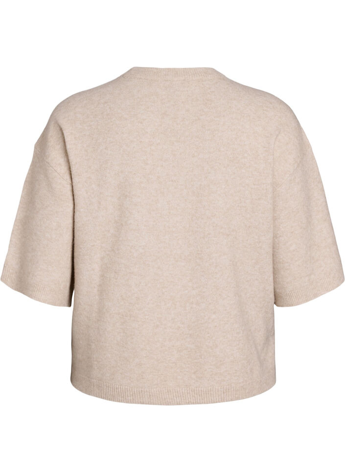 Löst stickad blus med korta ärmar, Beige, Packshot image number 1