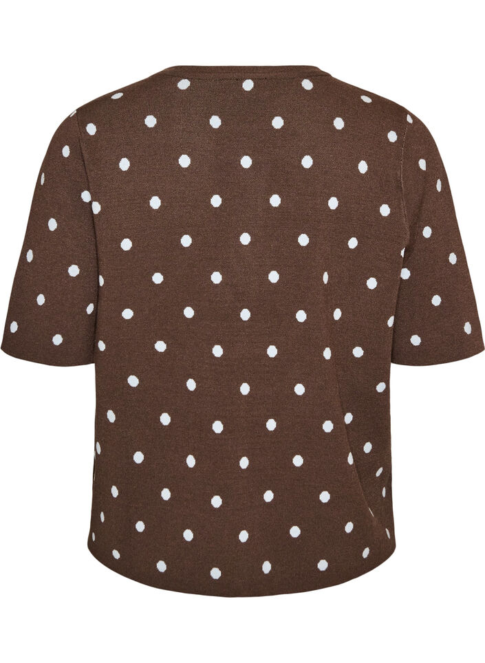 Kort&auml;rmad stickad blus med prickar, Brun, Packshot image number 1