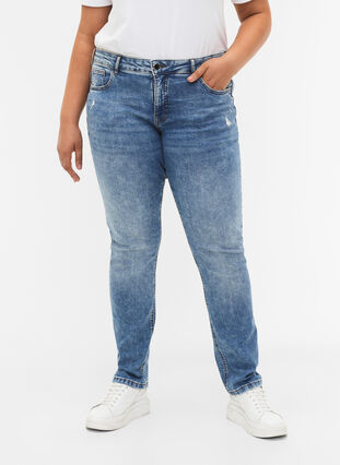 Emily jeans med normal midja och sliten design, Blue denim, Model image number 2