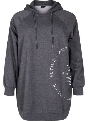 Lång sweatshirt med huva och tryck, Dark Grey Melange, Packshot image number 0