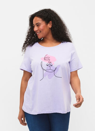 T-shirt i bomull med rund hals och tryck, Lavender FACE, Model image number 0