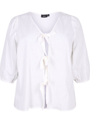 Bomullsblus med 3/4-ärmar i bomullsblandning med linne, Bright White, Packshot image number 0