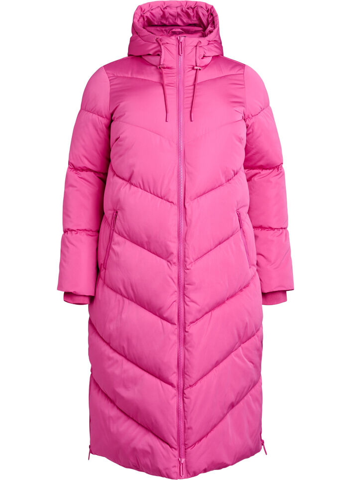 Lång pufferjacka med huva och fickor, Rosa, Packshot image number 0
