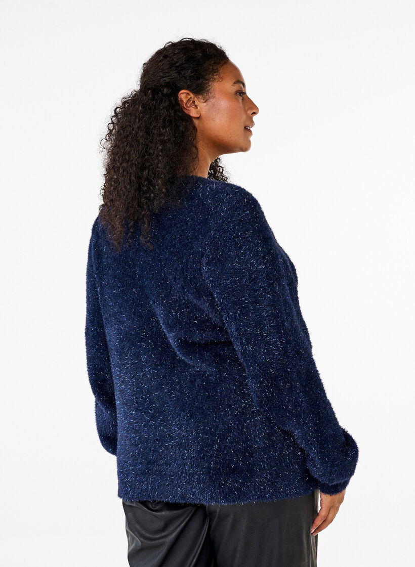 Stickad blus med glittertråd, Blå, Model image number 2