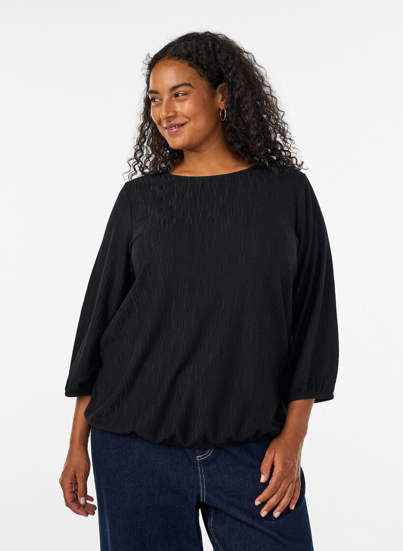 Blus med struktur och 3/4-&auml;rmar, Svart, Model image number 0