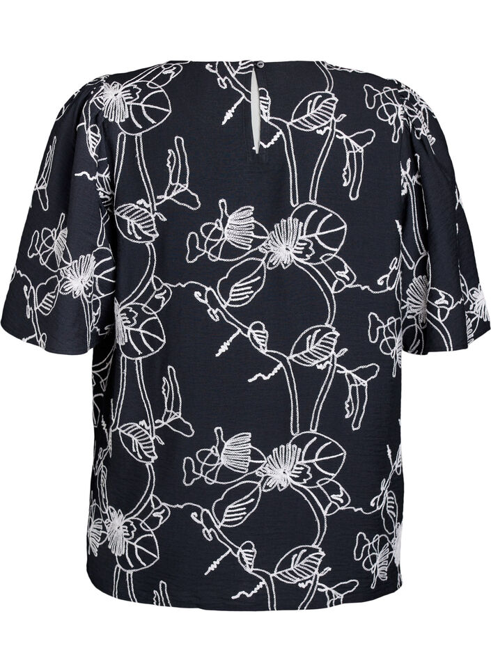 Kort&auml;rmad blus med broderat m&ouml;nster, Svart, Packshot image number 1