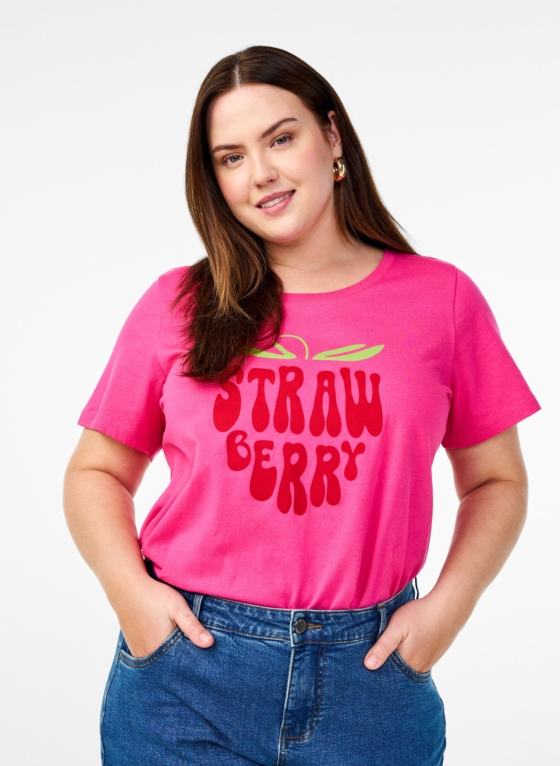 Zizzi T-shirt i bomull med motiv, Raspb. w. Strawberry, Model image number 0