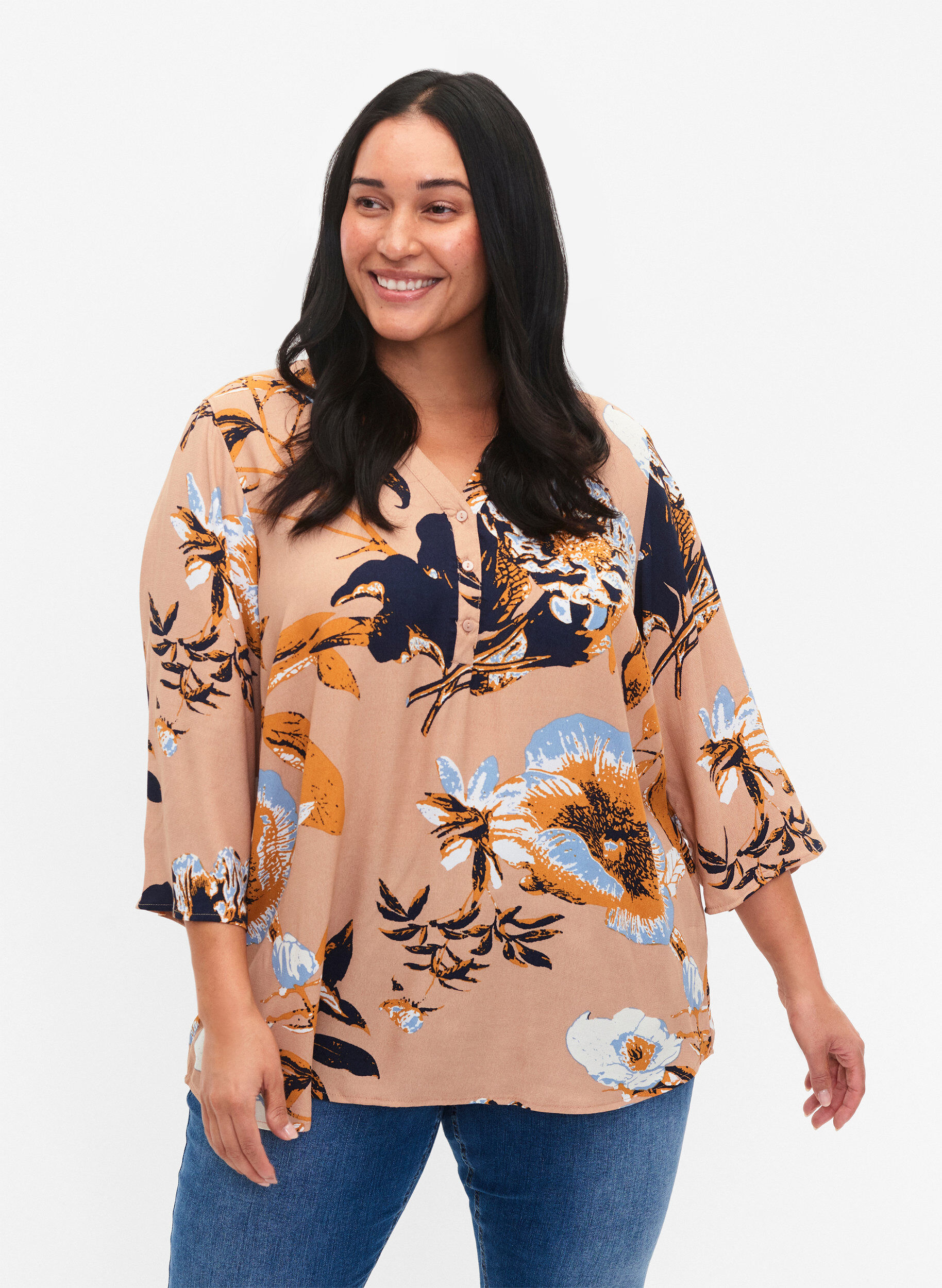 Zizzi Blus i viskos med 3/4 &auml;rmar, Blue Flower AOP, Model image number 0
