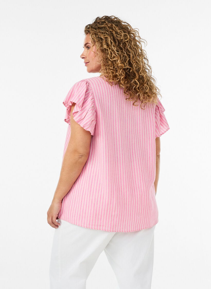 Blus i viskos och linne med volang&auml;rmar, Rosa, Model image number 2