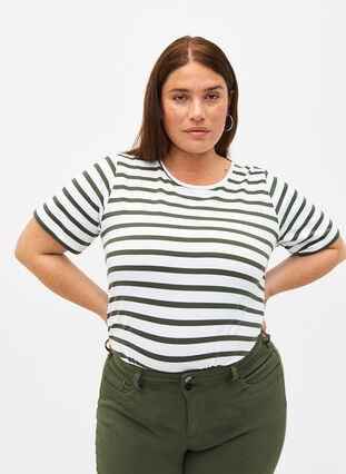 Randig T-shirt i ekologisk bomull, Thyme Stripe, Model image number 0