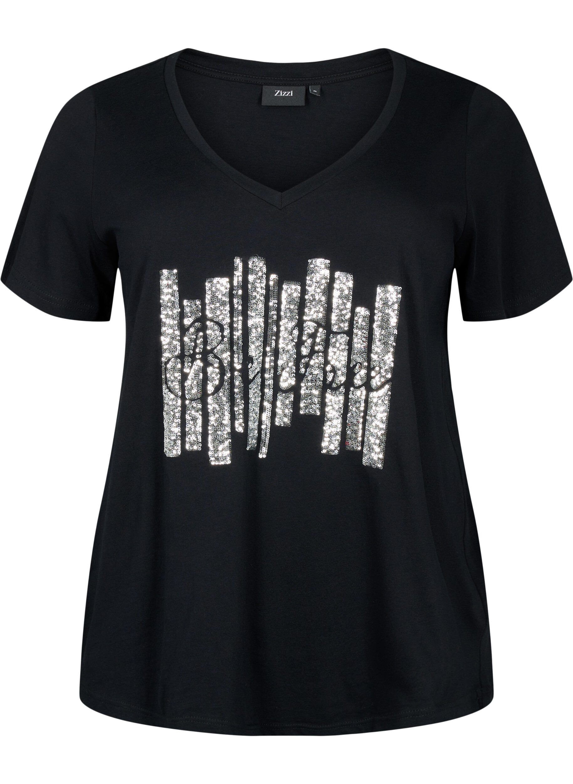 Zizzi T-shirt i bomull med paljetter, Black W. Be free, Packshot image number 0