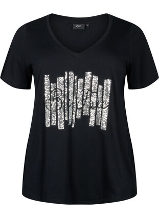 T-shirt i bomull med paljetter, Black W. Be free, Packshot image number 0