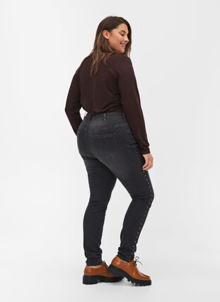 Högmidjade Amy jeans med nitar i sidosömmen, Dark Grey Denim, Model image number 1