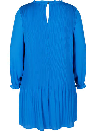 Långärmad plisserad klänning med volang, Dazzling Blue, Packshot image number 1