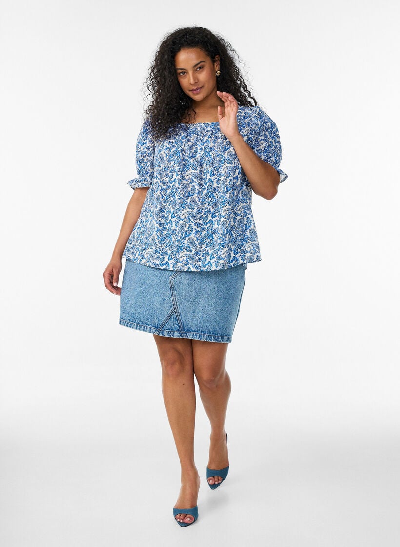 Blus i bomull med fyrkantig ringning, Bl&aring;, Model image number 1