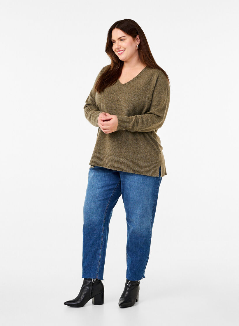 Stickad blus med V-ringning, Dusky G. Black Mel., Model image number 2