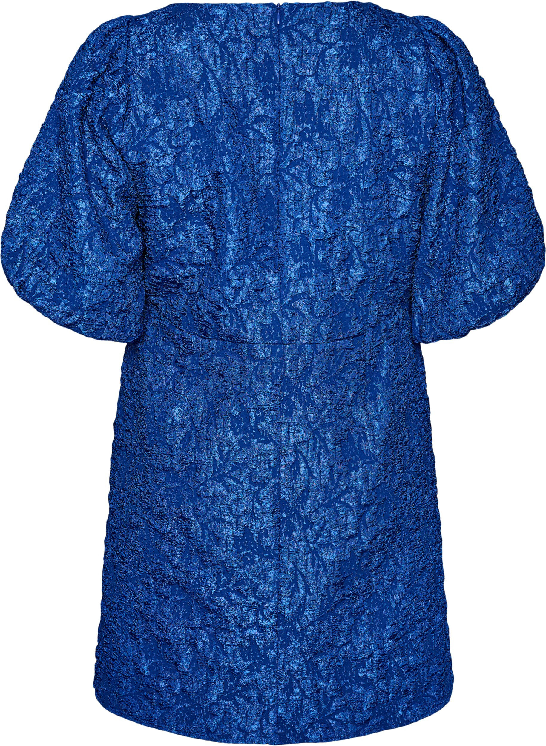ZizziA-linjeformad kl&auml;nning i jacquard med puff&auml;rmar, Bl&aring;, Packshot image number 1