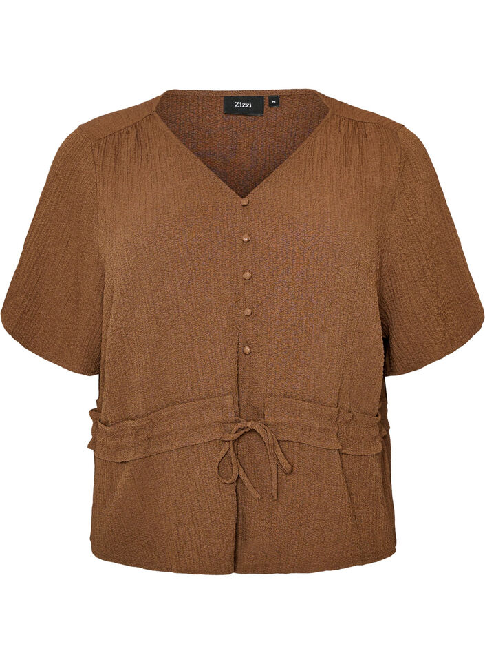 Blus med struktur och knyt i midjan, Brun, Packshot image number 0
