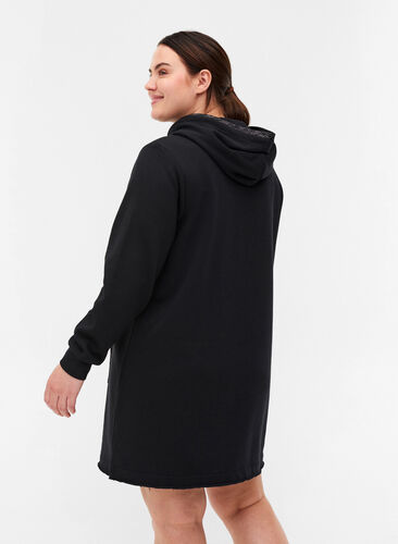 Lång sweatshirt med huva och ficka, Black, Model image number 1