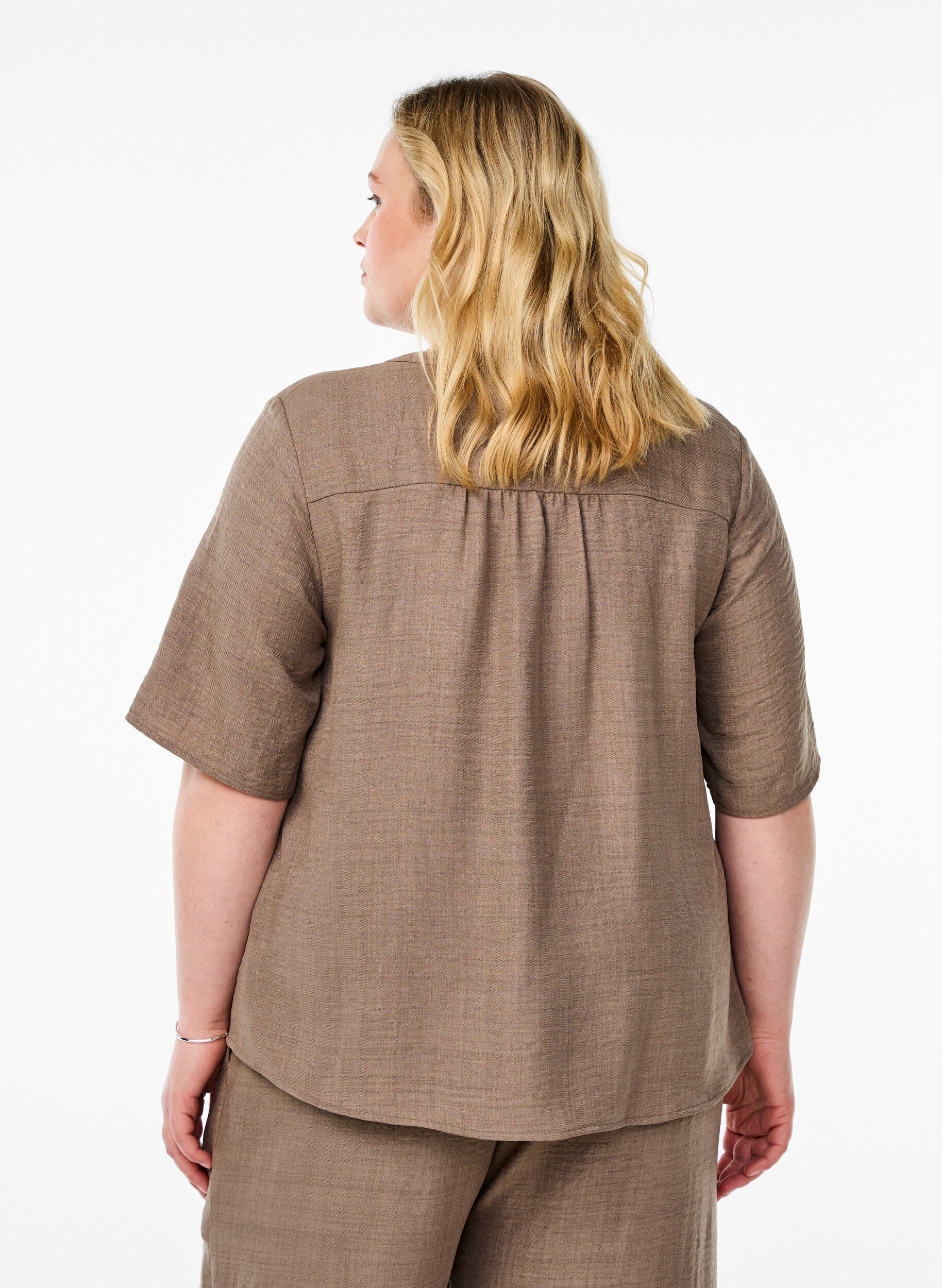 ZizziV-ringad skjortblus med korta &auml;rmar, Brun, Model image number 2