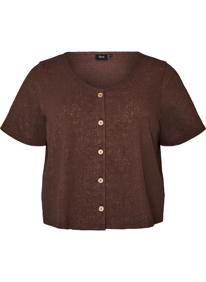 Blus i bomull med struktur och knappkn&auml;ppning, Brun, Packshot image number 0
