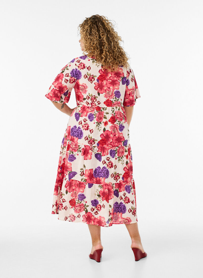 Midikl&auml;nning i bomull med blommigt m&ouml;nster, R&ouml;d, Model image number 1