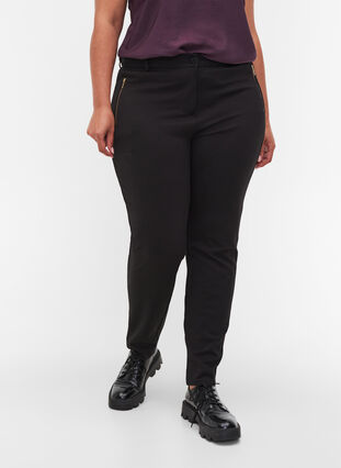 Kroppsnära byxor med fickor och dragkedja, Black, Model image number 2