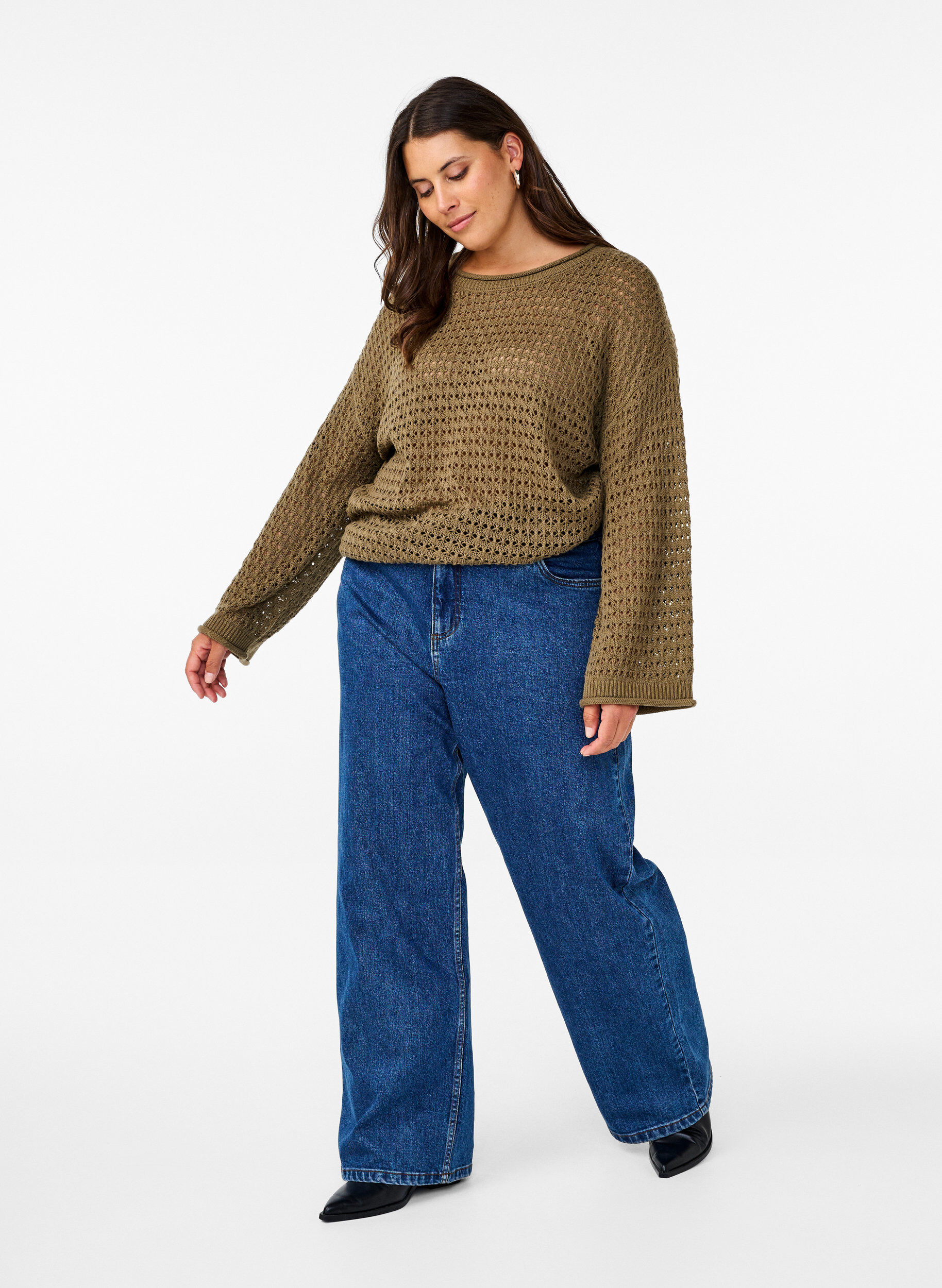 Zizzi Stickad blus med h&aring;lm&ouml;nster, Dusky Green, Model image number 2