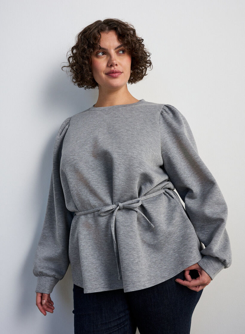 Blus med knytband och puff&auml;rmar, Gr&aring;, Model image number 3
