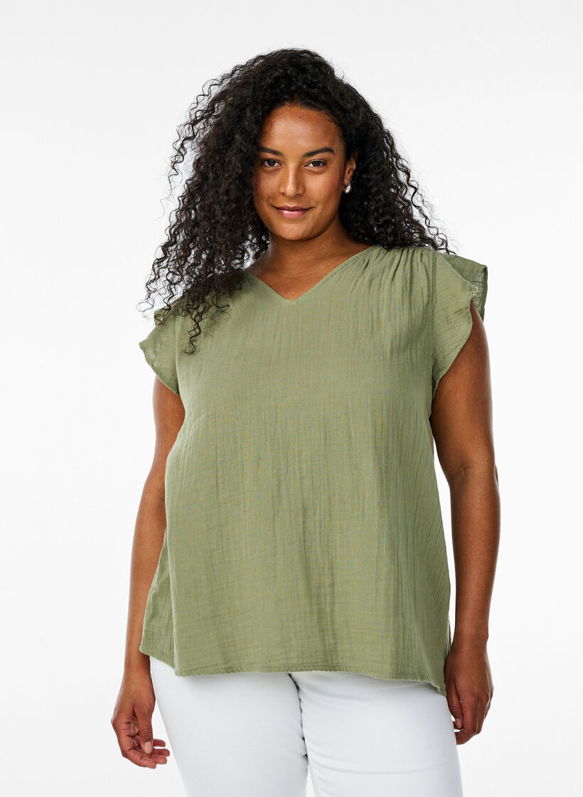 &Auml;rml&ouml;s topp i bomullsmuslin med volanger, Gr&ouml;n, Model image number 0