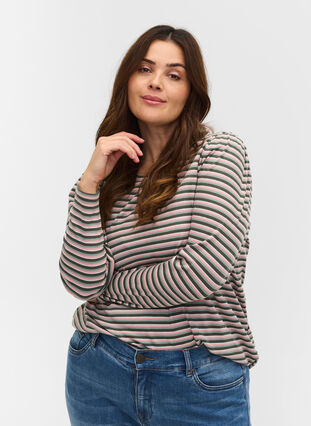 Randig tröja med långa ärmar, Rosa/Green Stripe, Model image number 0