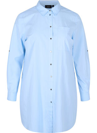 Lång bomullsskjorta med krage och knappar, Chambray Blue, Packshot image number 0