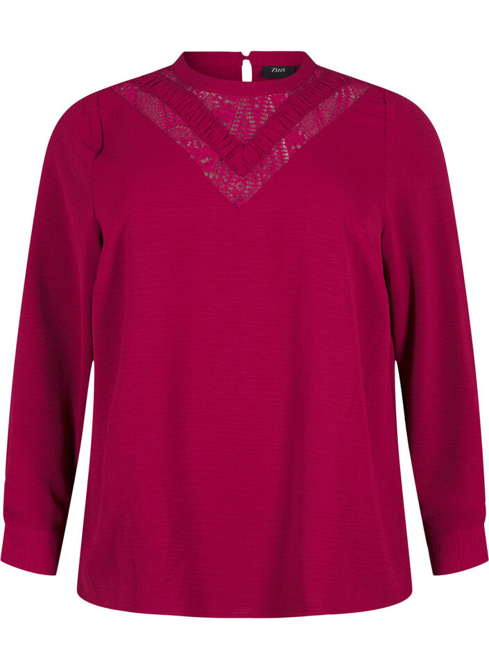 Blus med spetsdetalj, Red Plum, Packshot image number 0