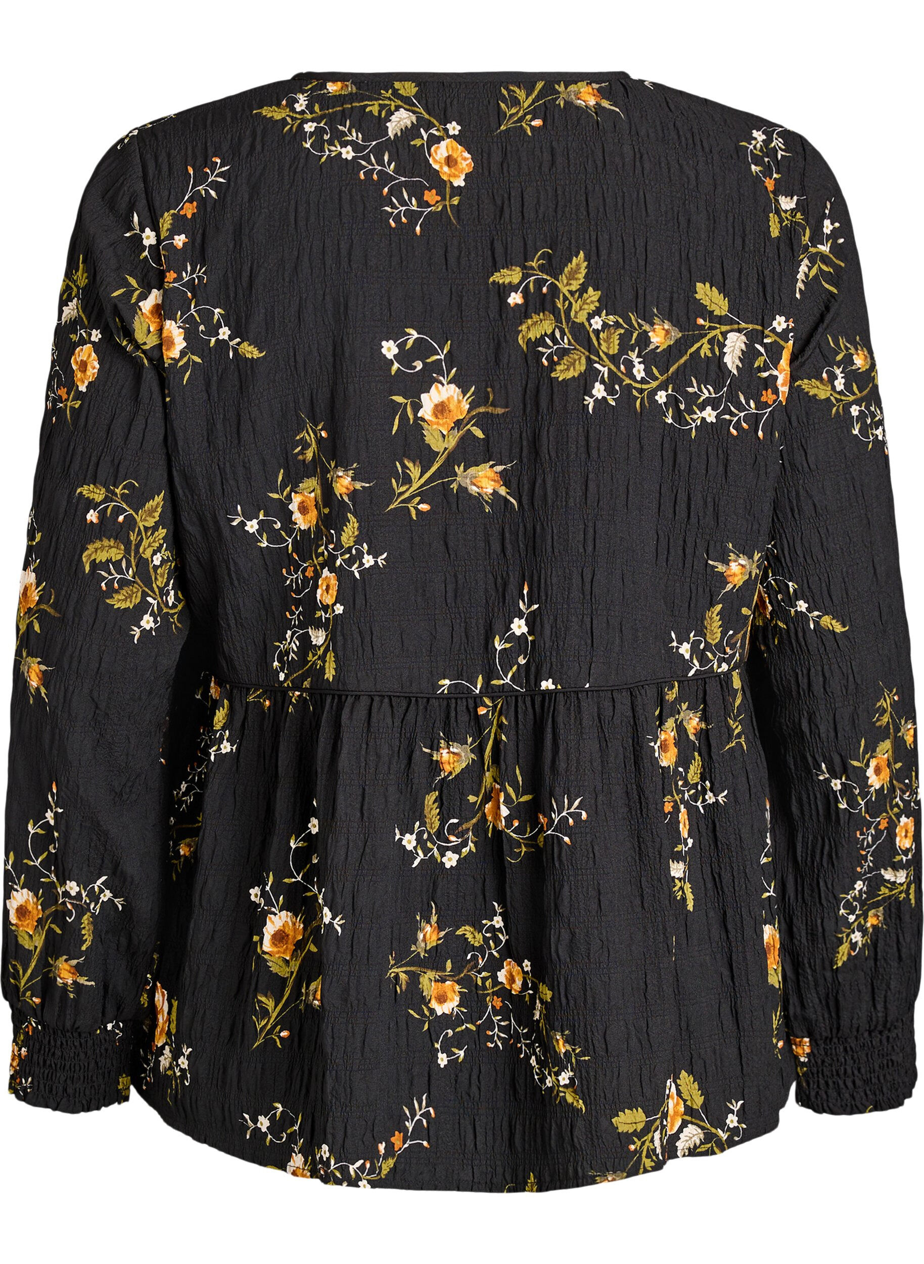 ZizziL&aring;ng&auml;rmad blus med blomm&ouml;nster, Svart, Packshot image number 1