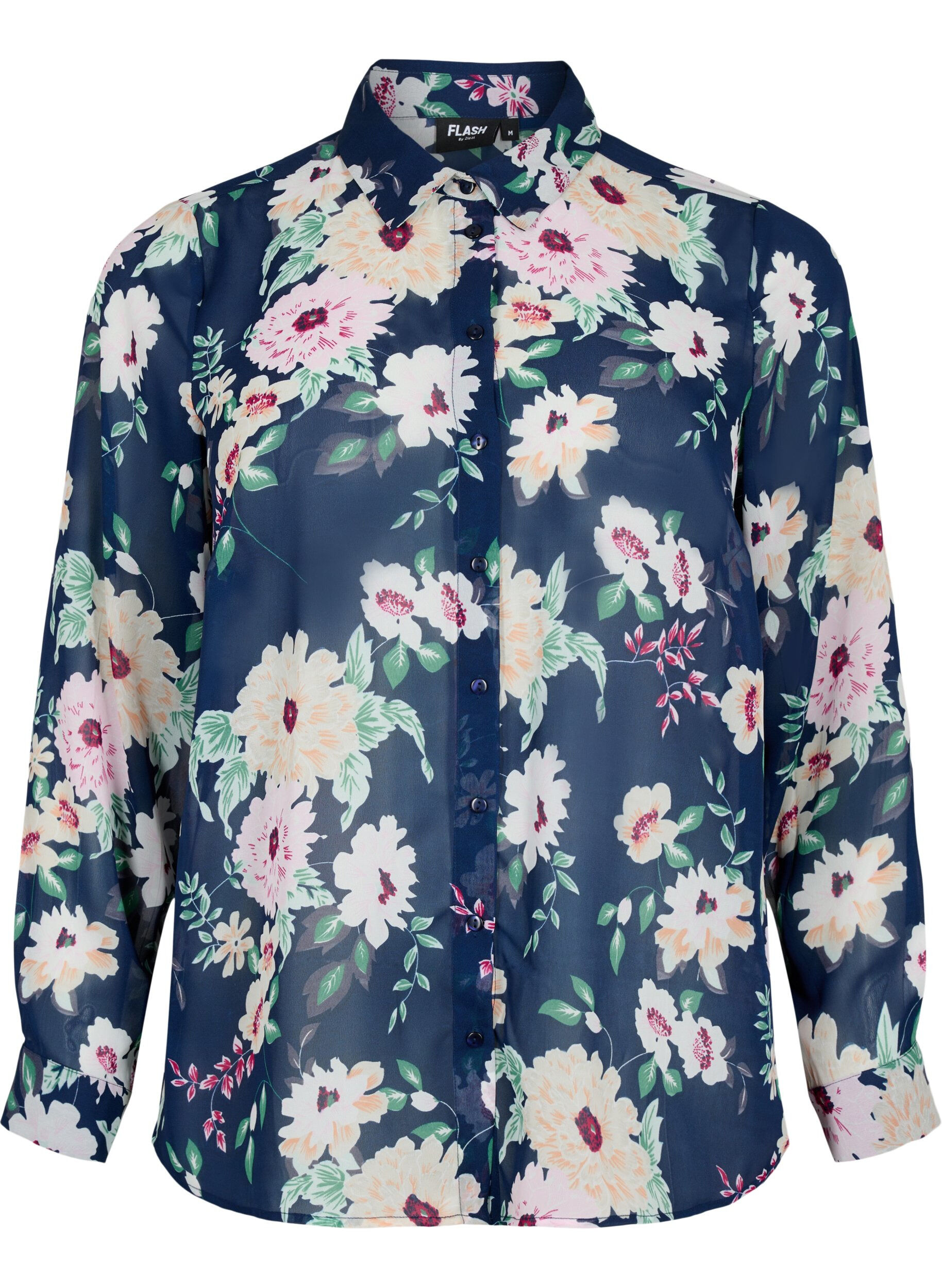 Zizzi FLASH - L&aring;ng&auml;rmad skjorta med blomm&ouml;nster, Navy Flower, Packshot image number 0
