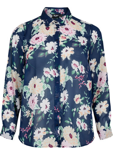 FLASH - Långärmad skjorta med blommönster, Navy Flower, Packshot image number 0