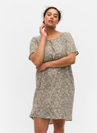 Mönstrad klänning med korta ärmar, Green Graphic, Model image number 0
