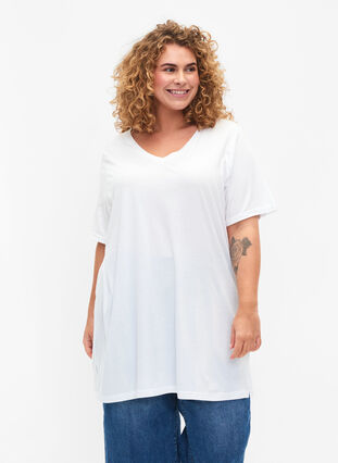 Enfärgad oversize t-shirt med v-hals, Bright White, Model image number 0