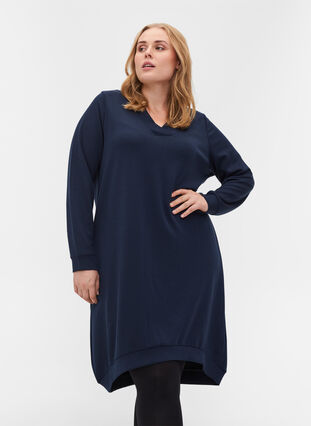 Enfärgad klänning i sweatshirtmaterial, Navy Blazer, Model image number 0