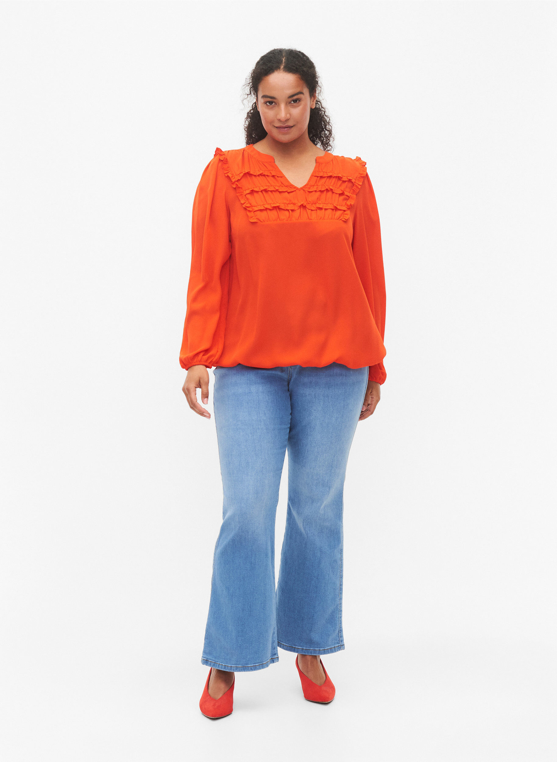 Zizzi L&aring;ng&auml;rmad blus med fransdetaljer, Orange.com, Model image number 3