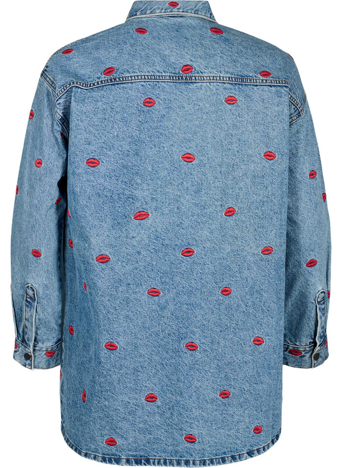 Lös jeanskjorta med broderade läppar, Light Blue Kiss, Packshot image number 1