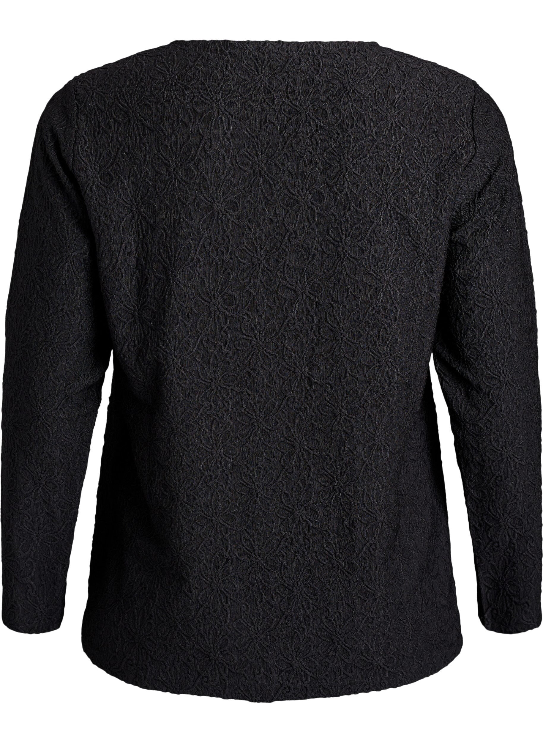 Zizzi L&aring;ng&auml;rmad blus med blommig textur, Svart, Packshot image number 1