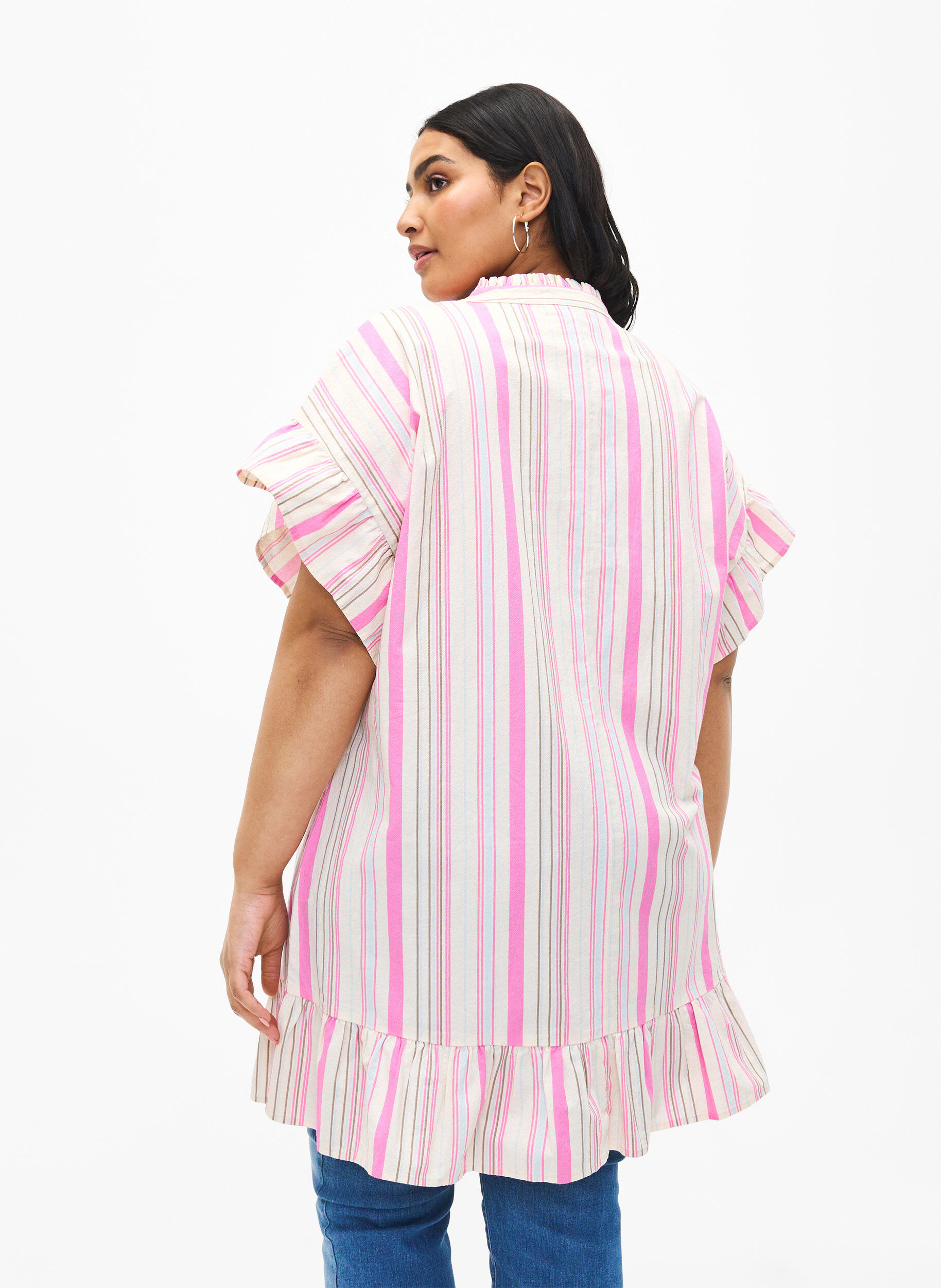 Zizzi Randig bomullstunika, Eggnog Multi Stripe, Model image number 1