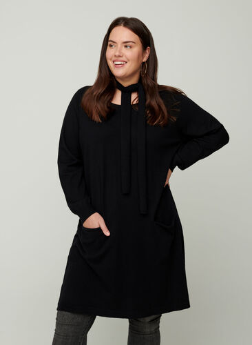 Långärmad stickad klänning med fickor, Black, Model image number 0