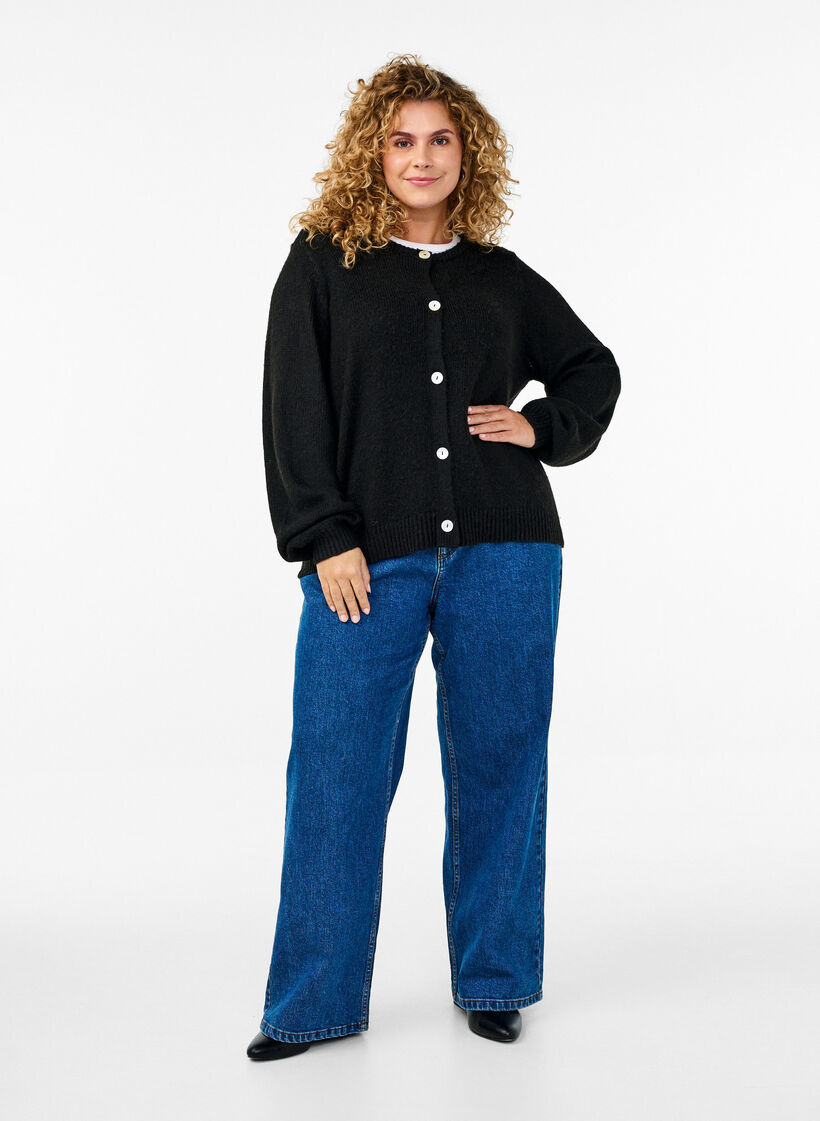 Stickad kofta med ull och knappar, Black Solid, Model image number 2