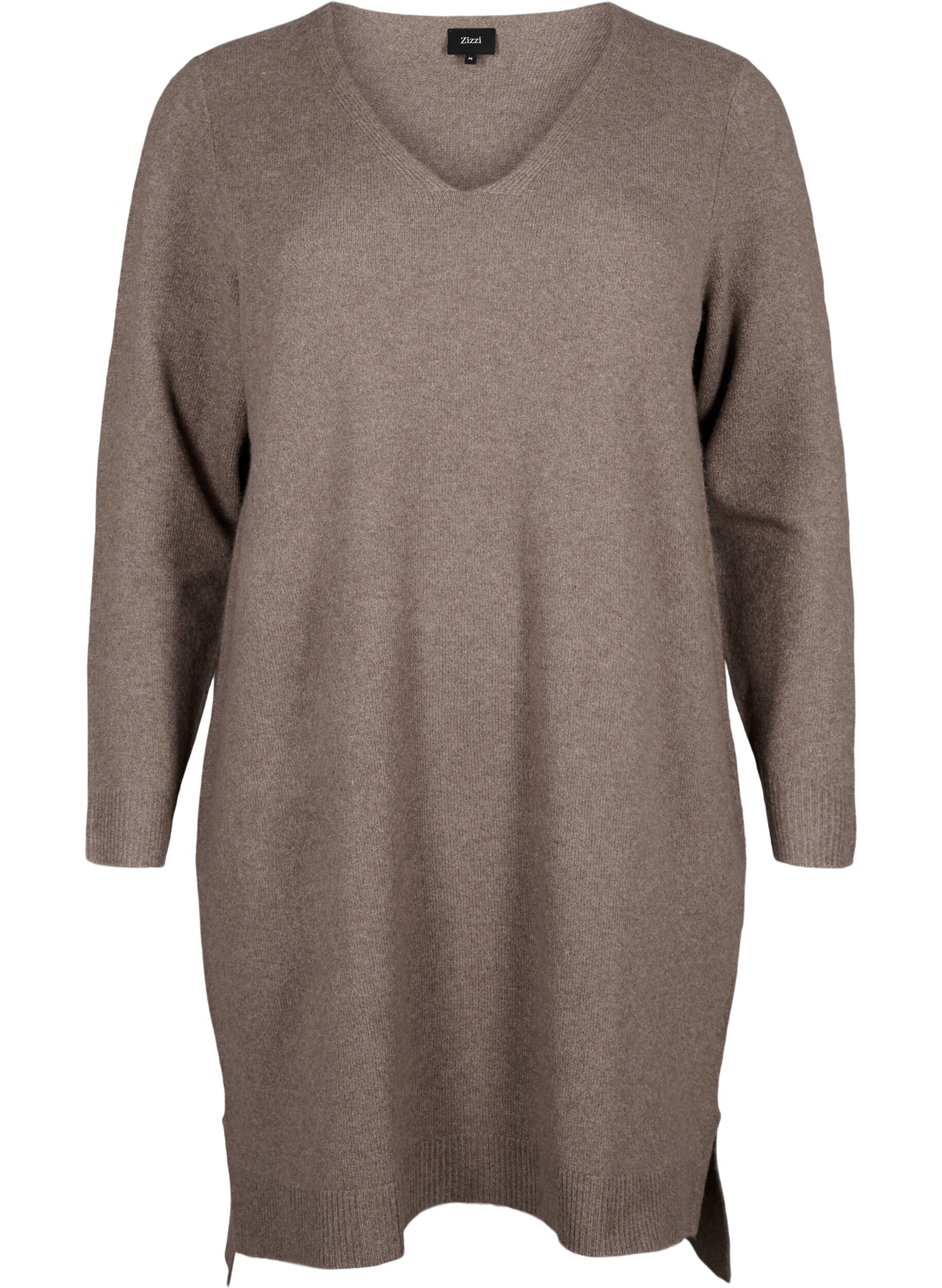 Zizzi Stickad kl&auml;nning med slits, Walnut/White, Packshot image number 0