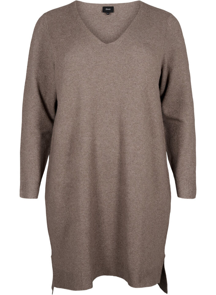 Stickad kl&auml;nning med slits, Walnut/White, Packshot image number 0