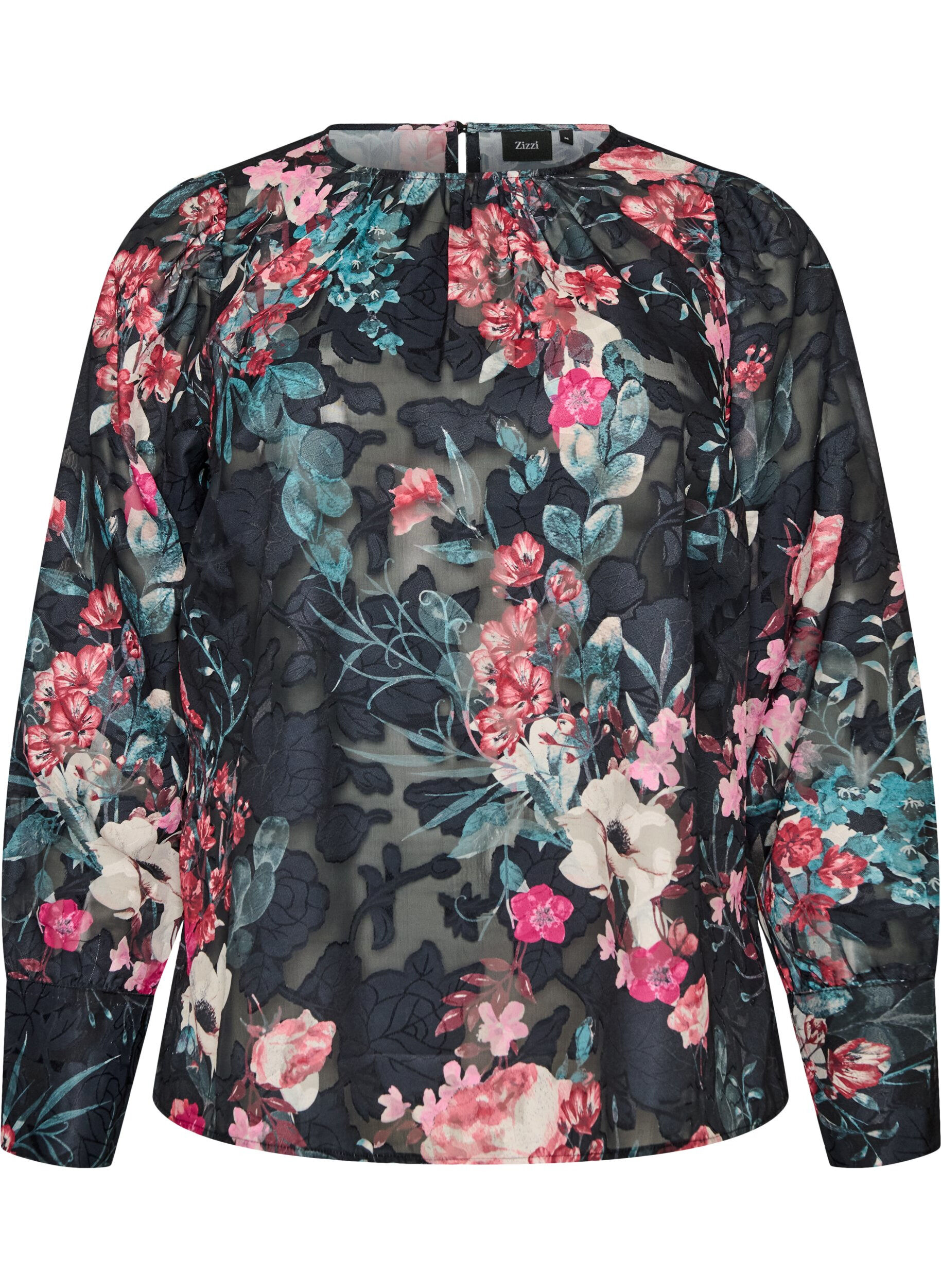 ZizziBlommig blus med v&auml;vd textur, Svart, Packshot image number 0
