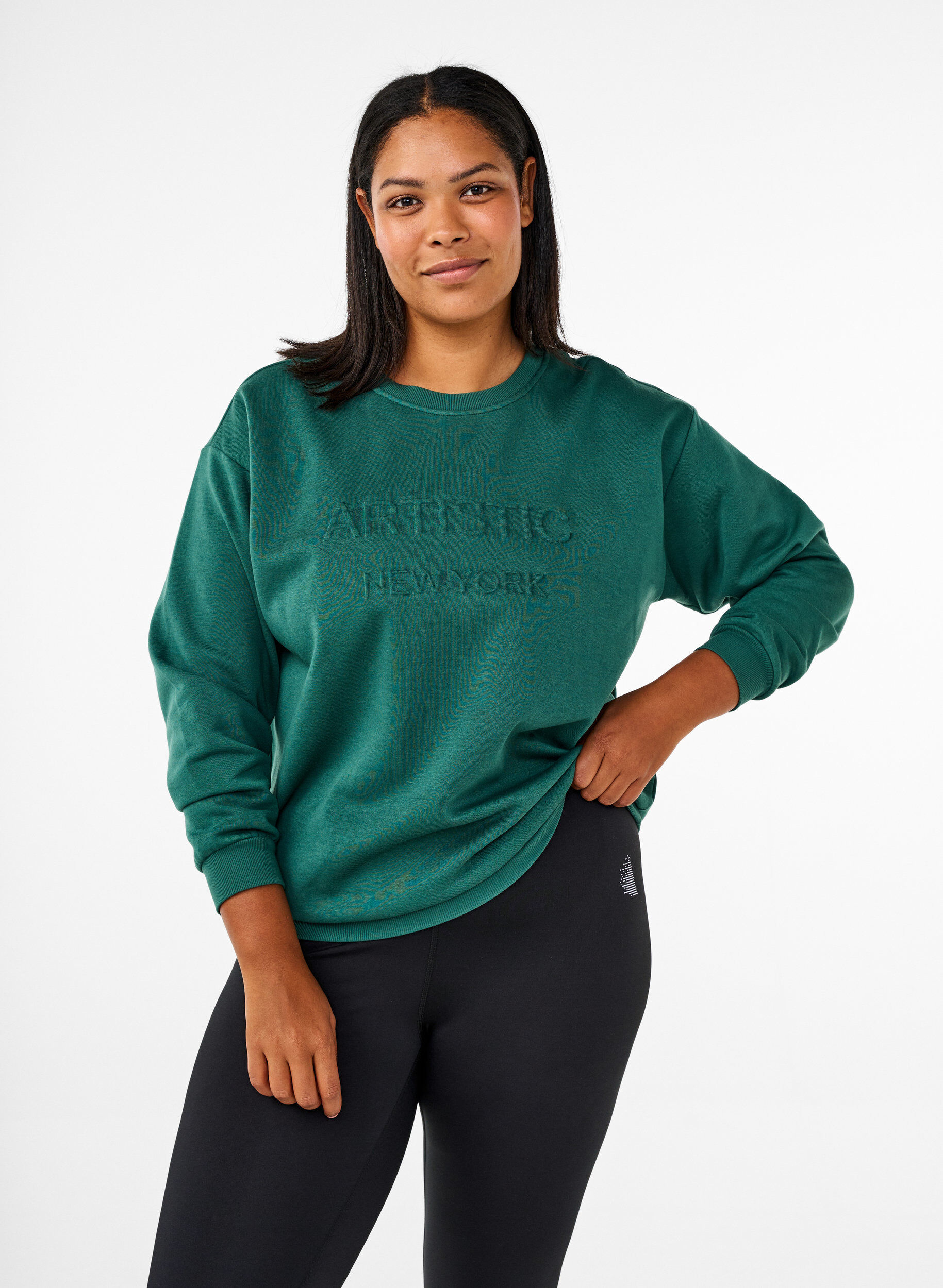 Zizzi Sweatshirt med frott&eacute;text, Gr&ouml;n, Model image number 0